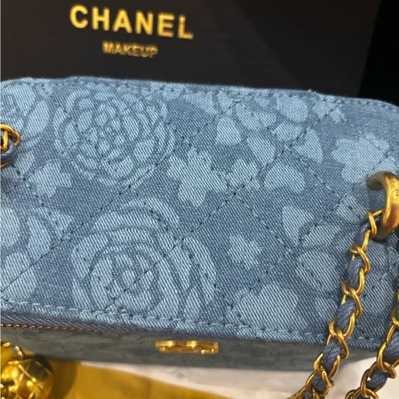 Chanel Makeup line Blue Floral Denim Shoulder Bag with Gold Accents - Picture 8 of 16
